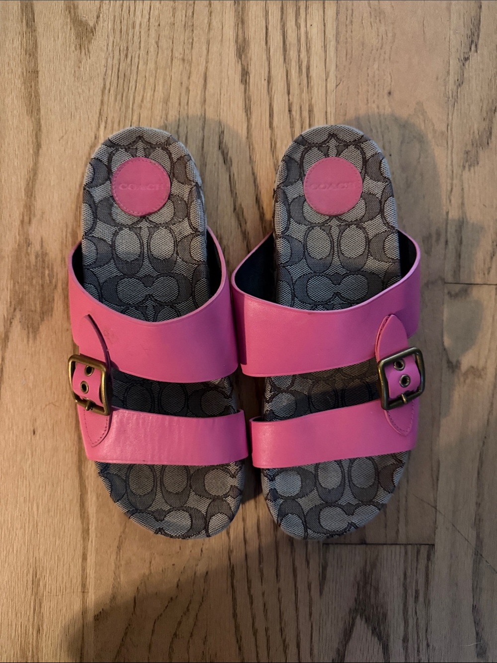 Coach Pink Leather Double-Strap Buckle Slide Sandals